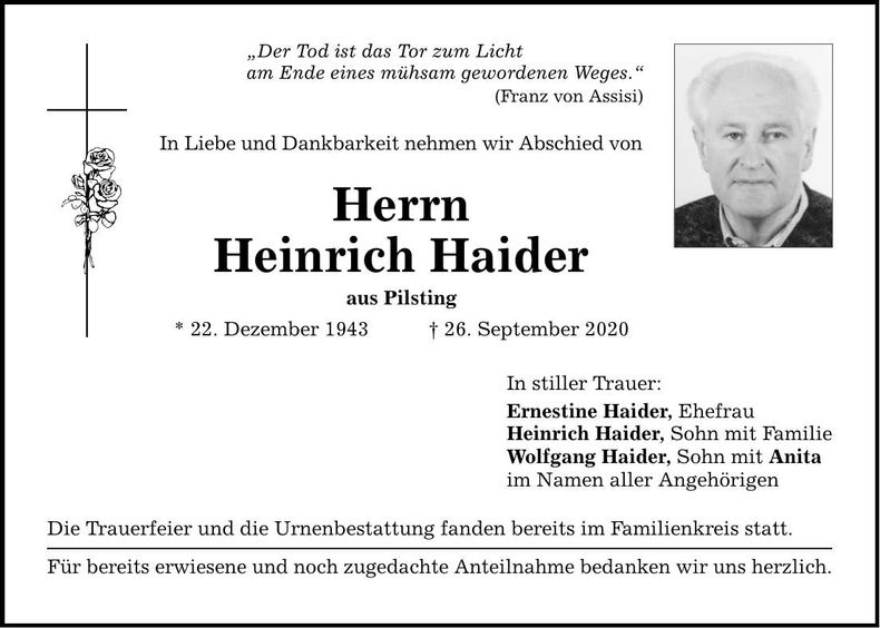 Traueranzeige Heinrich Haider