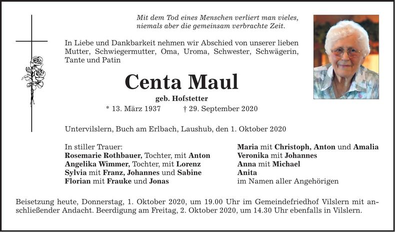 Traueranzeige Centa Maul