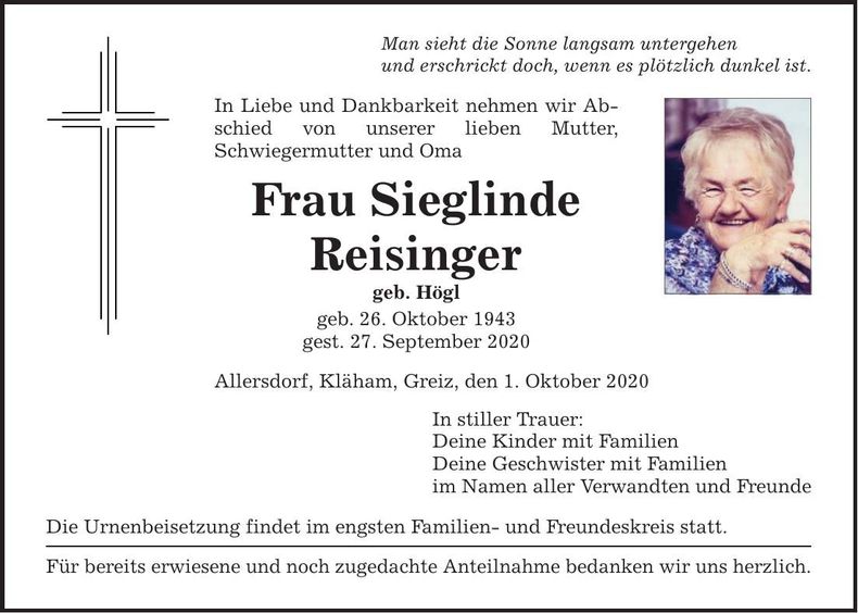 Traueranzeige Sieglinde Reisinger