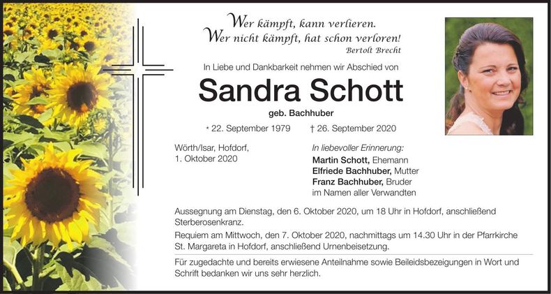 Traueranzeige Sandra Schott