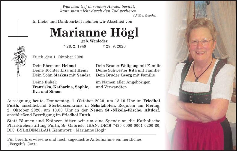 Traueranzeige Marianne Högl