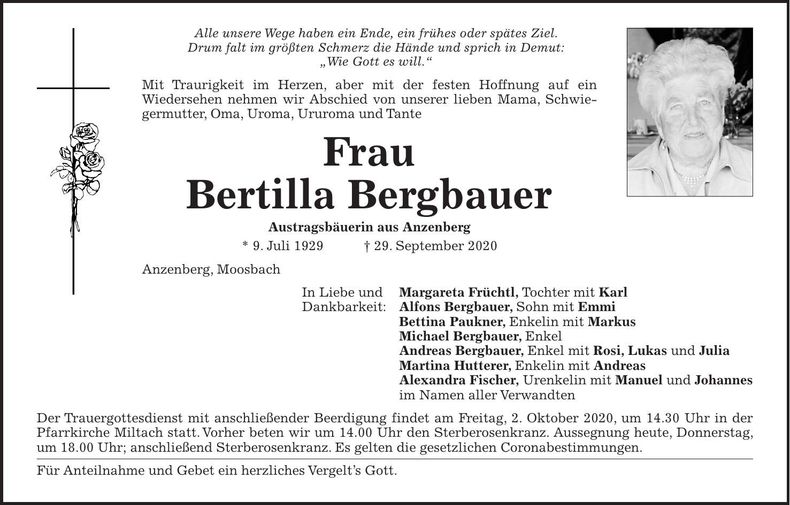Traueranzeige Bergbauer Bertilla