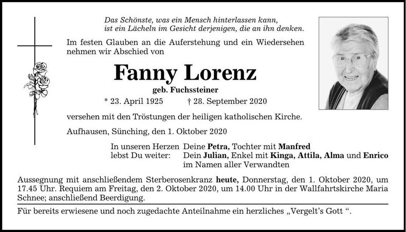 Traueranzeige Fanny Lorenz