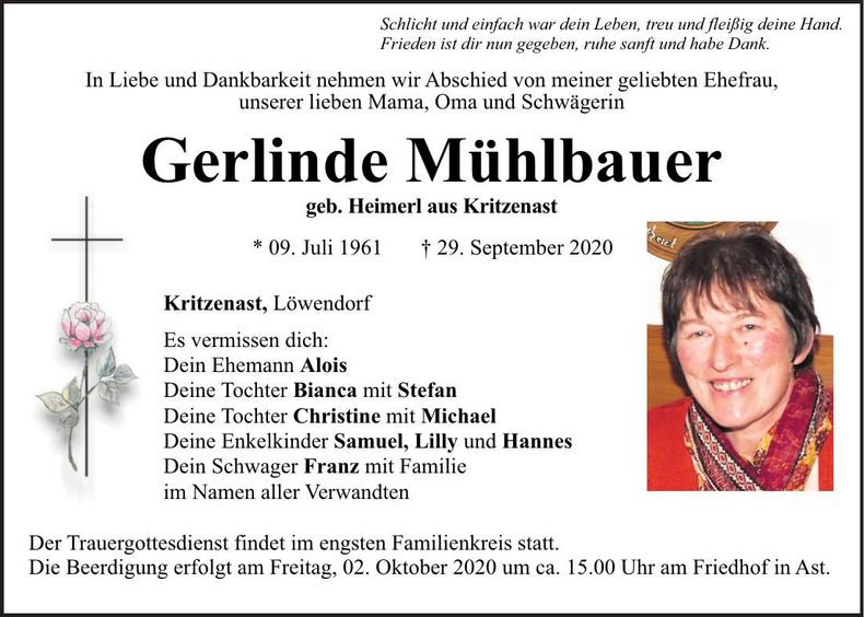 Traueranzeige Gerlindw Mühlbauer