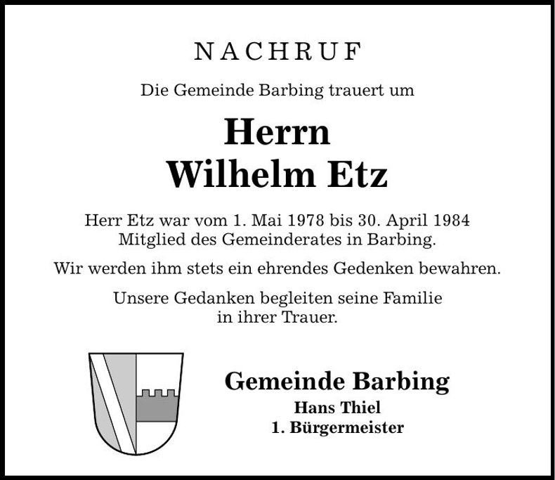Traueranzeige Wilhelm Etz