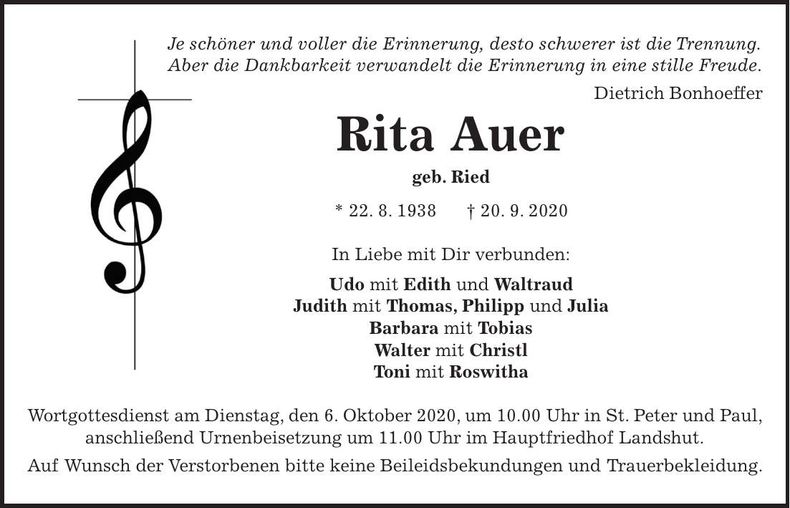 Traueranzeige Rita Auer