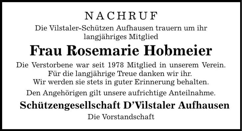 Traueranzeige Rosemarie Hobmeier