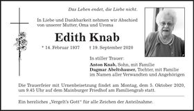 Traueranzeige Edith Knab