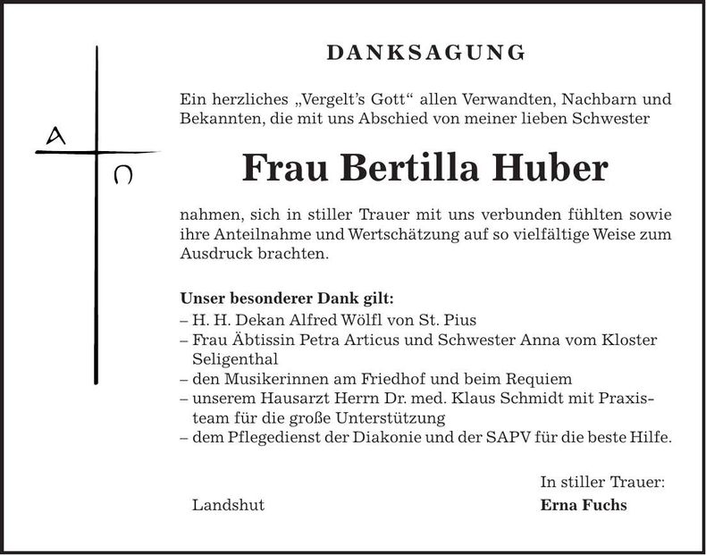 Traueranzeige Bertilla Huber