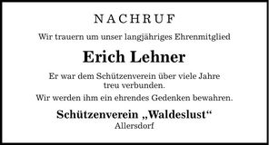 Traueranzeige Erich Lehner