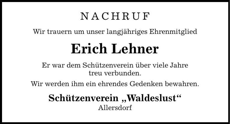 Traueranzeige Erich Lehner
