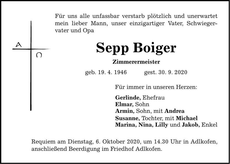 Traueranzeige Sepp Boiger