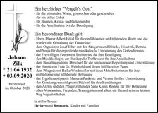 Traueranzeige Johann Zilk