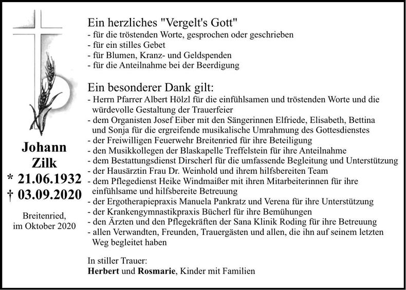Traueranzeige Johann Zilk