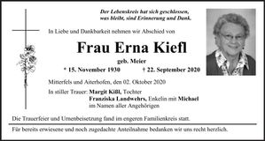 Traueranzeige Erna Kiefl