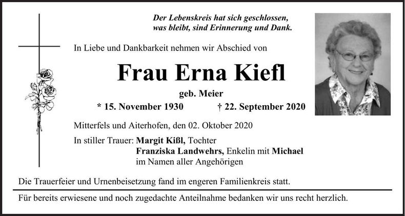 Traueranzeige Erna Kiefl
