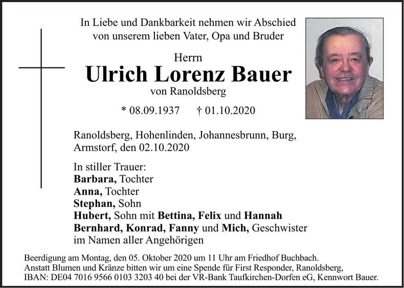 Traueranzeige Ulrich Bauer