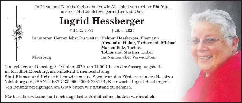 Traueranzeige Ingrid Hessberger