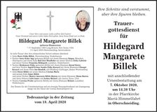 Traueranzeige Hildegard Margarete Billek