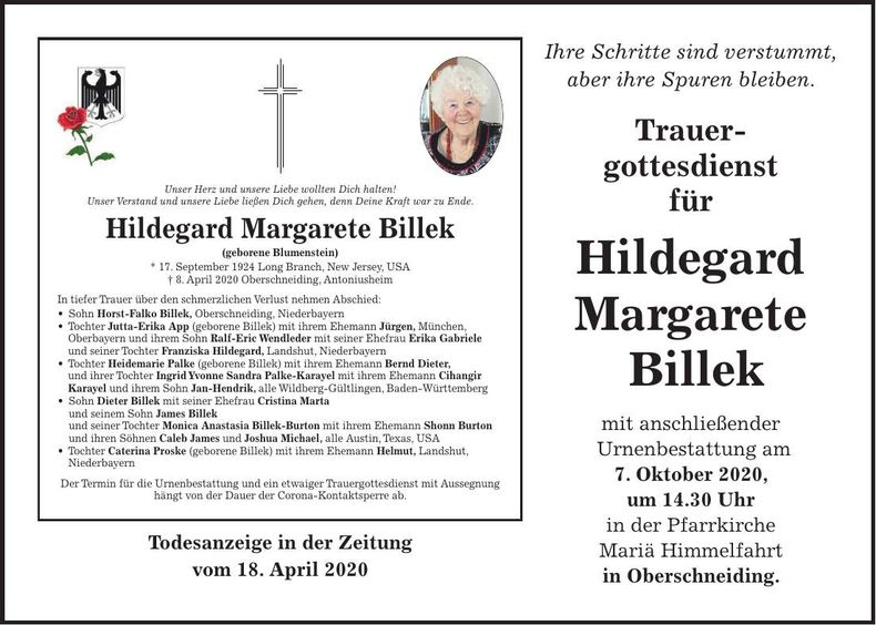 Traueranzeige Hildegard Margarete Billek