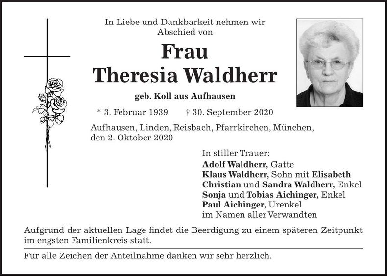 Traueranzeige Theresia Waldherr