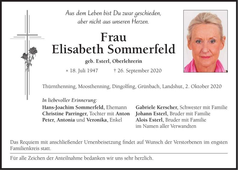 Traueranzeige Elisabeth Sommerfeld