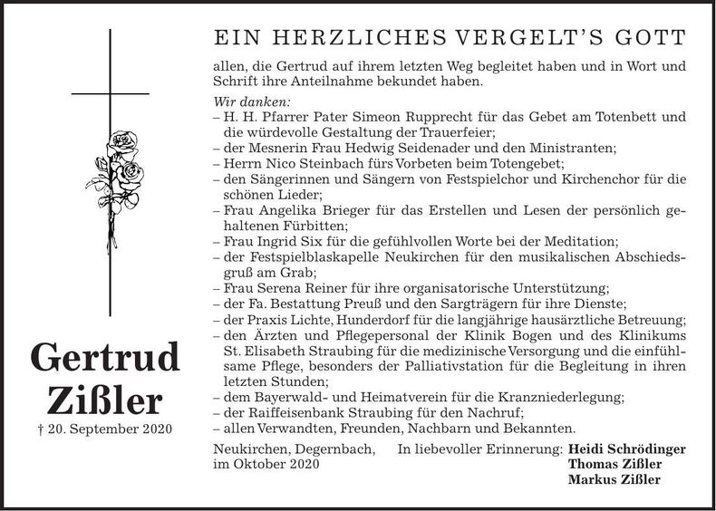 Traueranzeige Gertrud Zißler