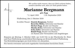 Traueranzeige Marianne Bergmann