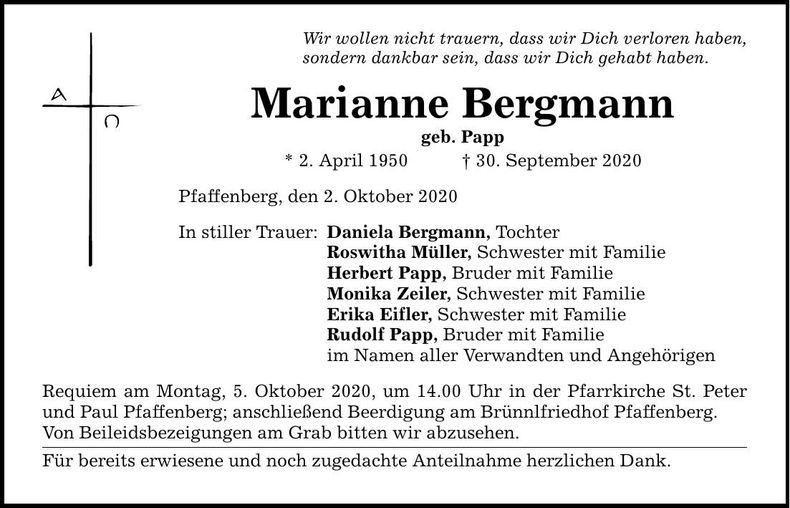 Traueranzeige Marianne Bergmann