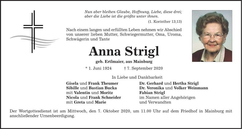 Traueranzeige Anna Strigl