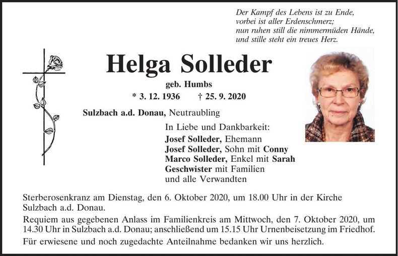 Traueranzeige Helga Solleder