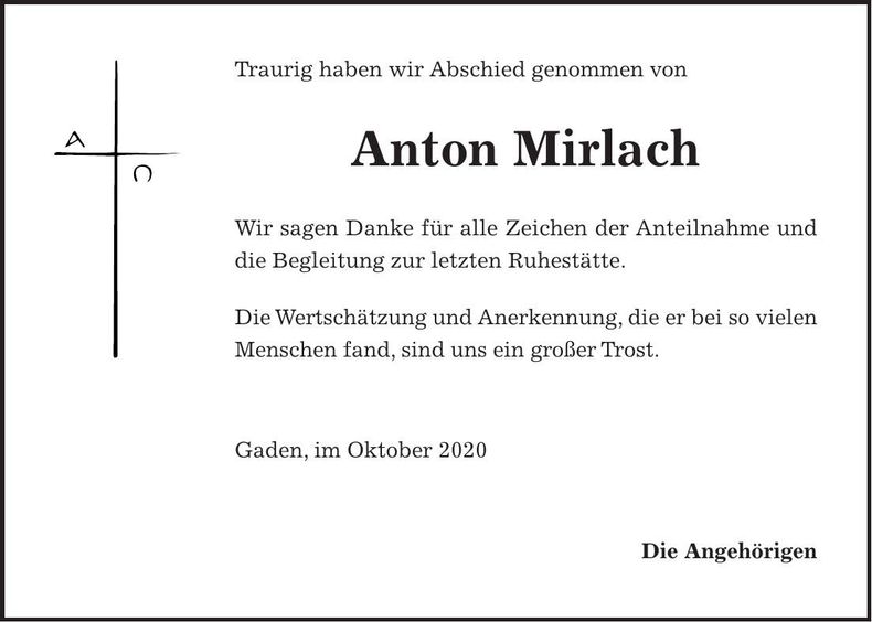 Traueranzeige Anton Mirlach