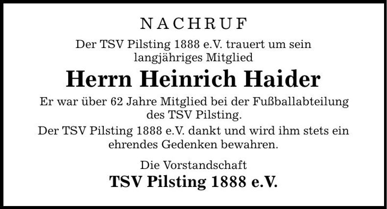 Traueranzeige Heinrich Haider