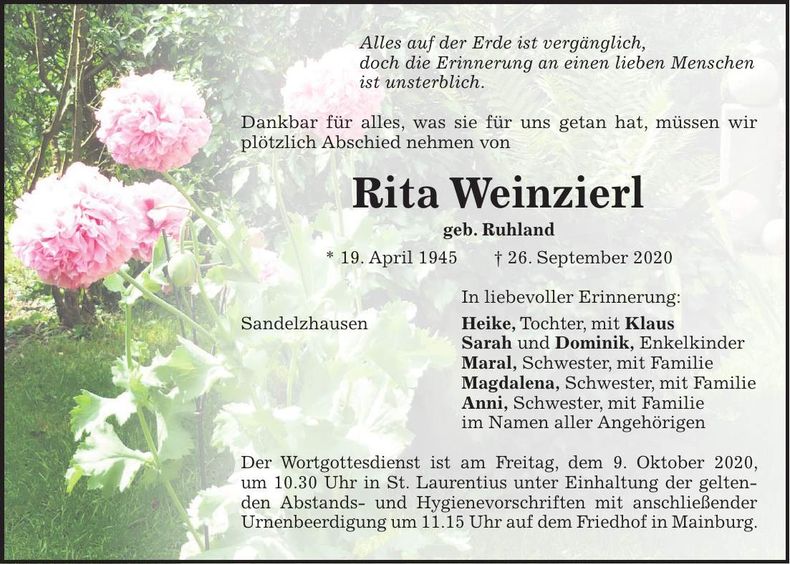 Traueranzeige Rita Weinzierl