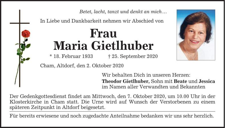 Traueranzeige Maria Gietlhuber