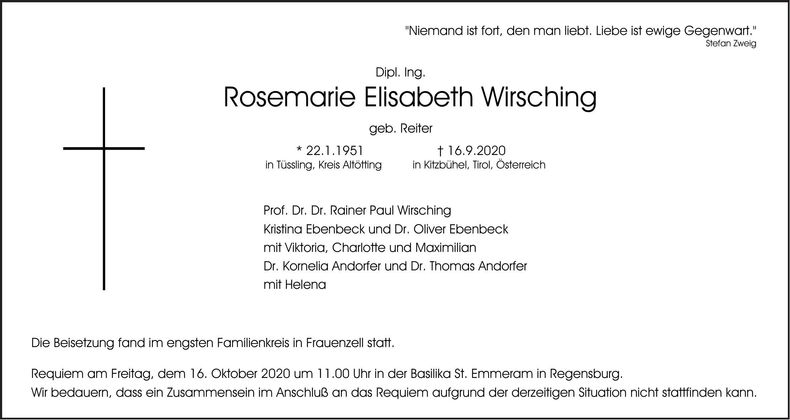 Traueranzeige Rosemarie Wirsching
