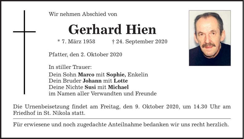 Traueranzeige Gerhard Hien