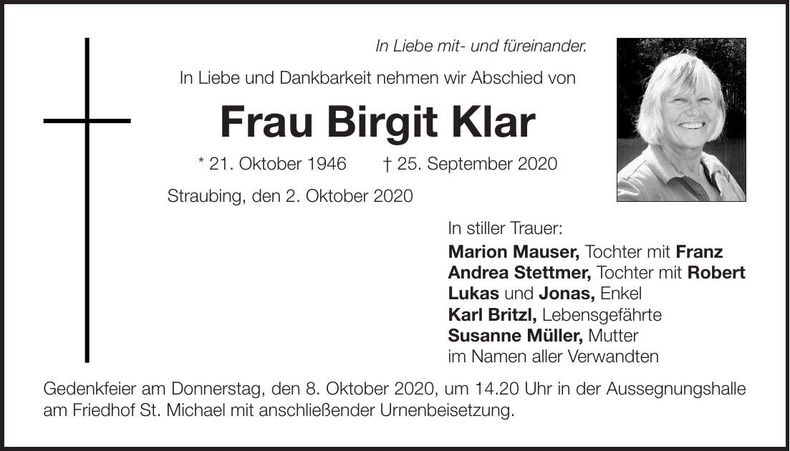 Traueranzeige Birgit Klar