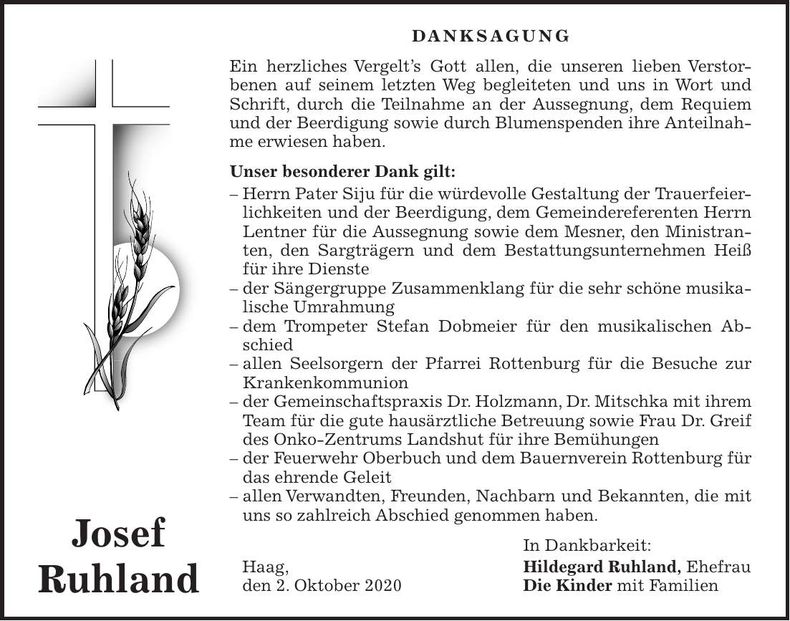 Traueranzeige Josef Ruhland
