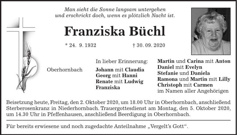 Traueranzeige Franziska Büchl