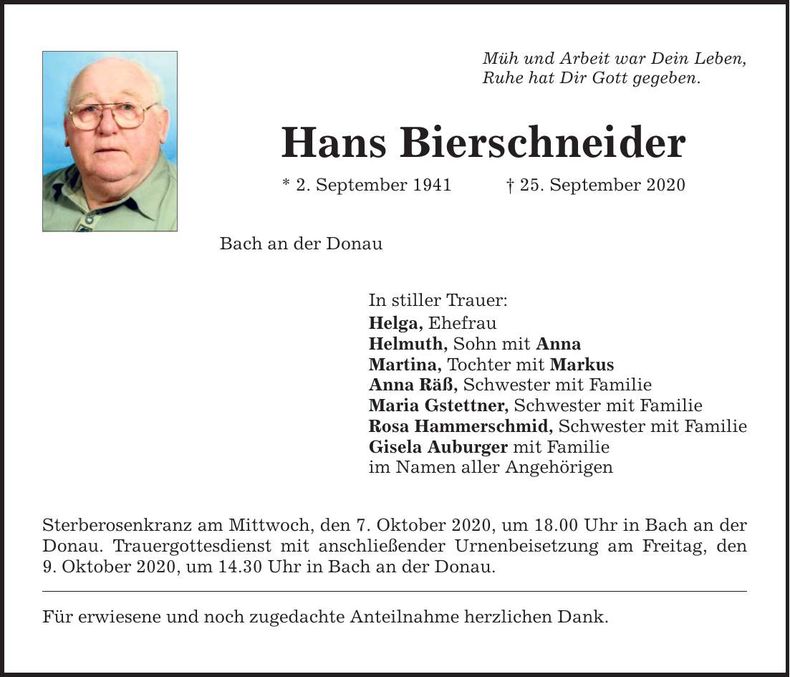 Traueranzeige Hans Bierschneider