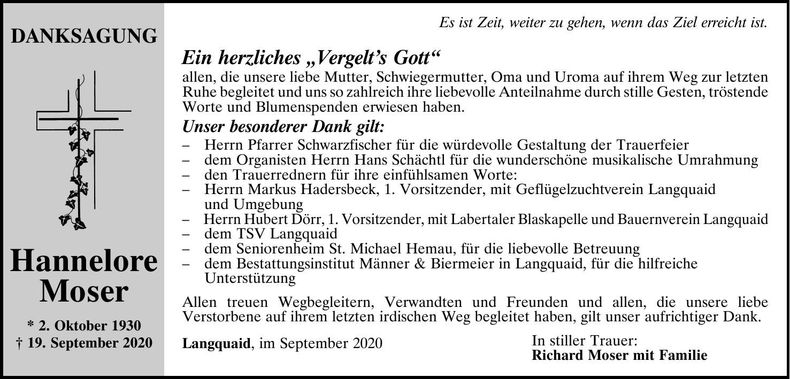 Traueranzeige Hannelore Moser
