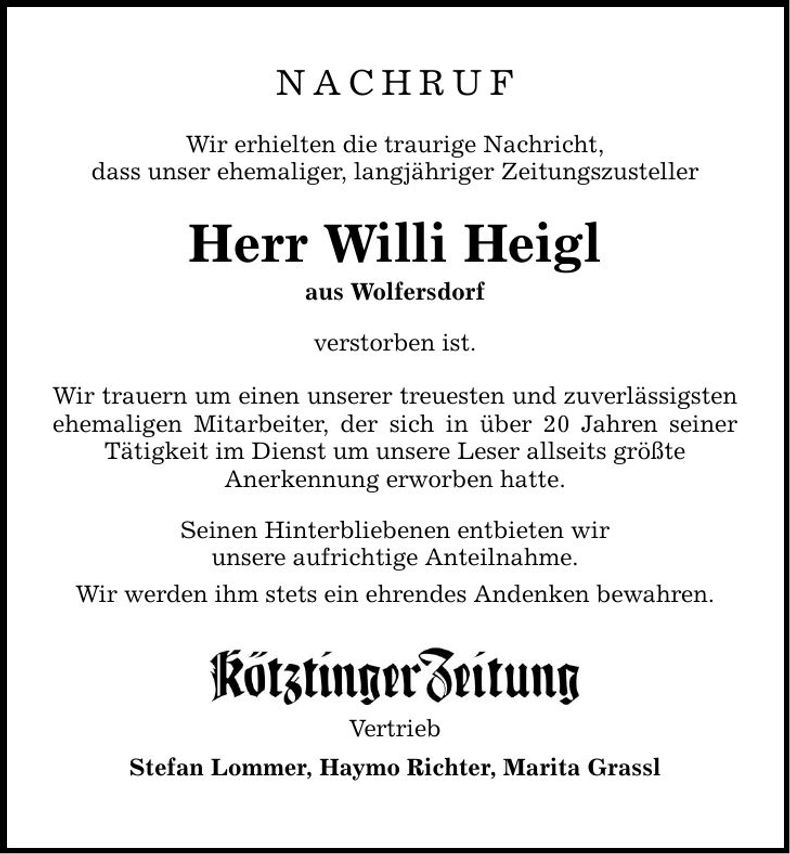 Traueranzeige Willi Heigl