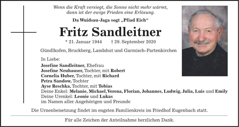 Traueranzeige Fritz Sandleitner