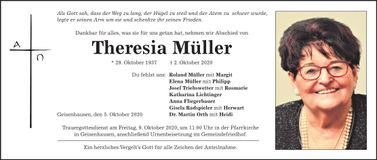 Traueranzeige Müller Theresia