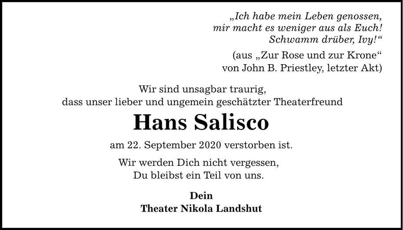 Traueranzeige Hans Salisco