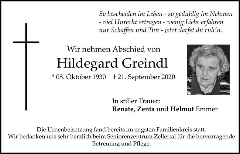 Traueranzeige Hildegard Greindl