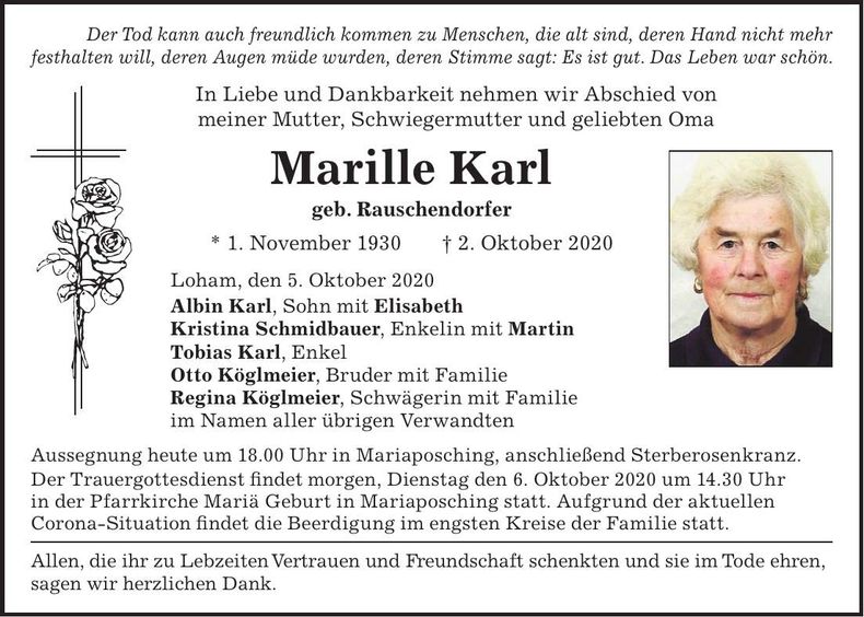 Traueranzeige Marille Karl