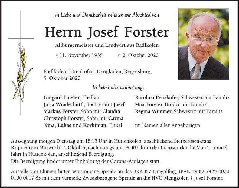 Traueranzeige Josef Forser