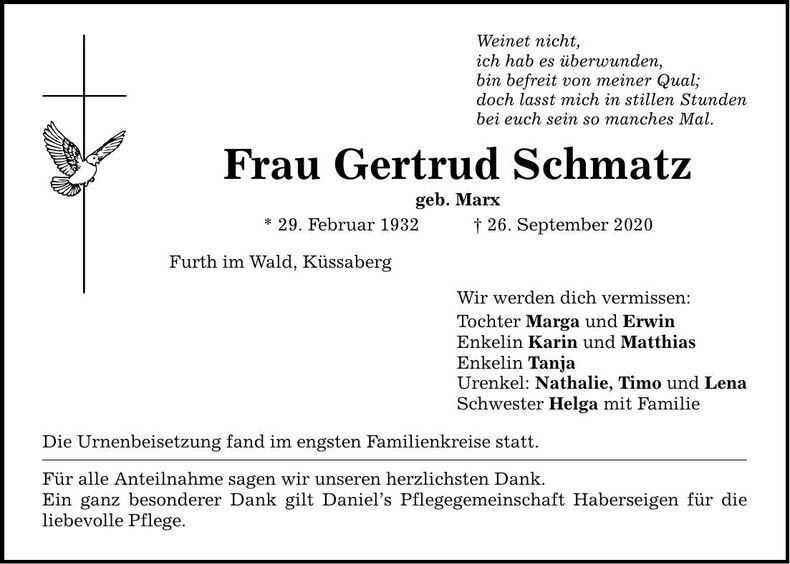 Traueranzeige Gertrud Schmatz